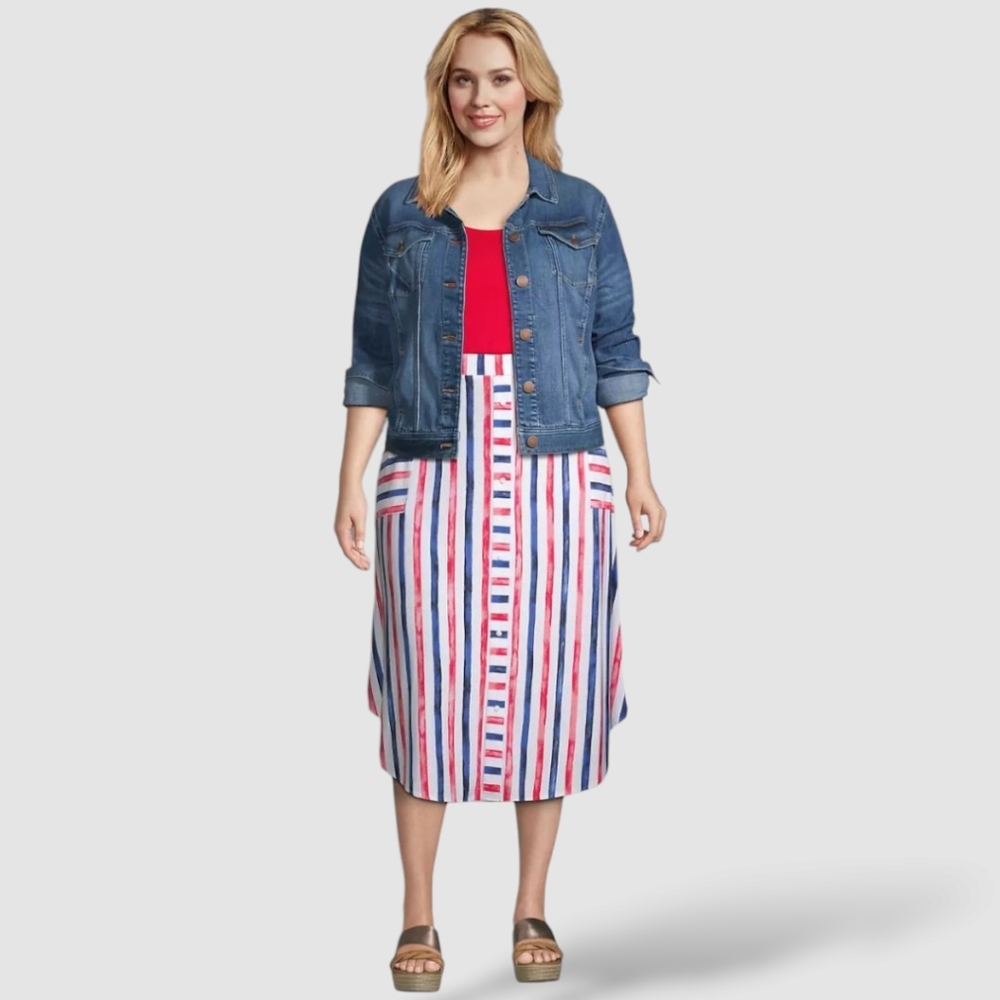 Lane Bryant Patriotic Striped Crepe Midi Skirt Sz: 14/16